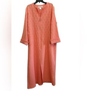 Diamond Tea Coral Jacquard Zip Front Caftan Maxi Dress L Resort Coastal Grandma